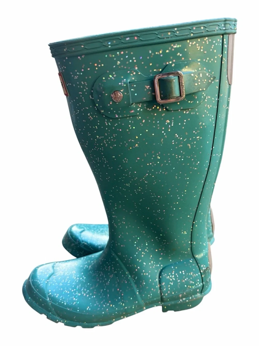 Hunter Original Kids Giant Glitter Tall Waterproof Rain Boots Teal Size 3 Y EU34